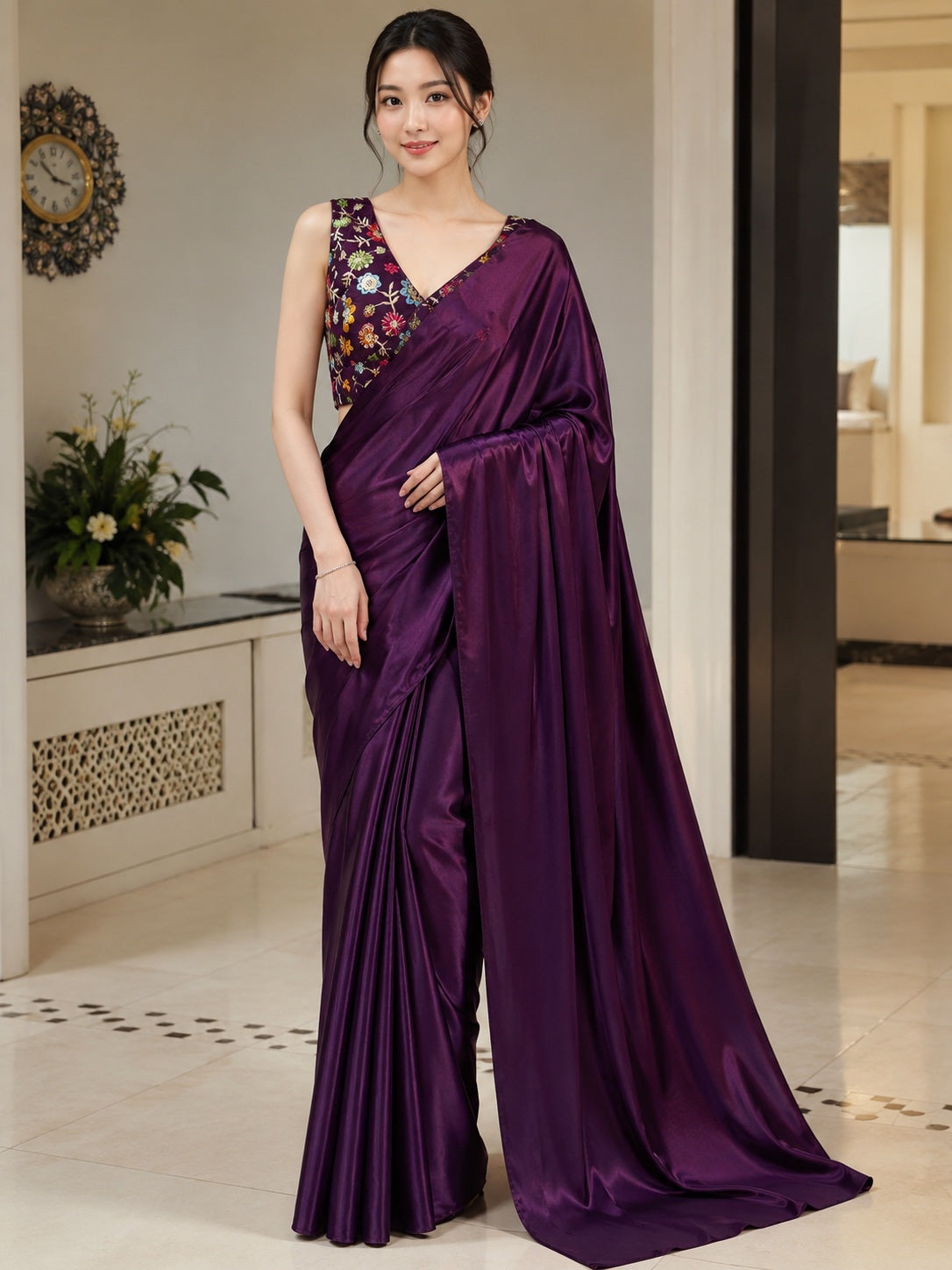 Vervee Couture Women Purple Solid Satin Saree with Semi-Stitched Designer Blouse