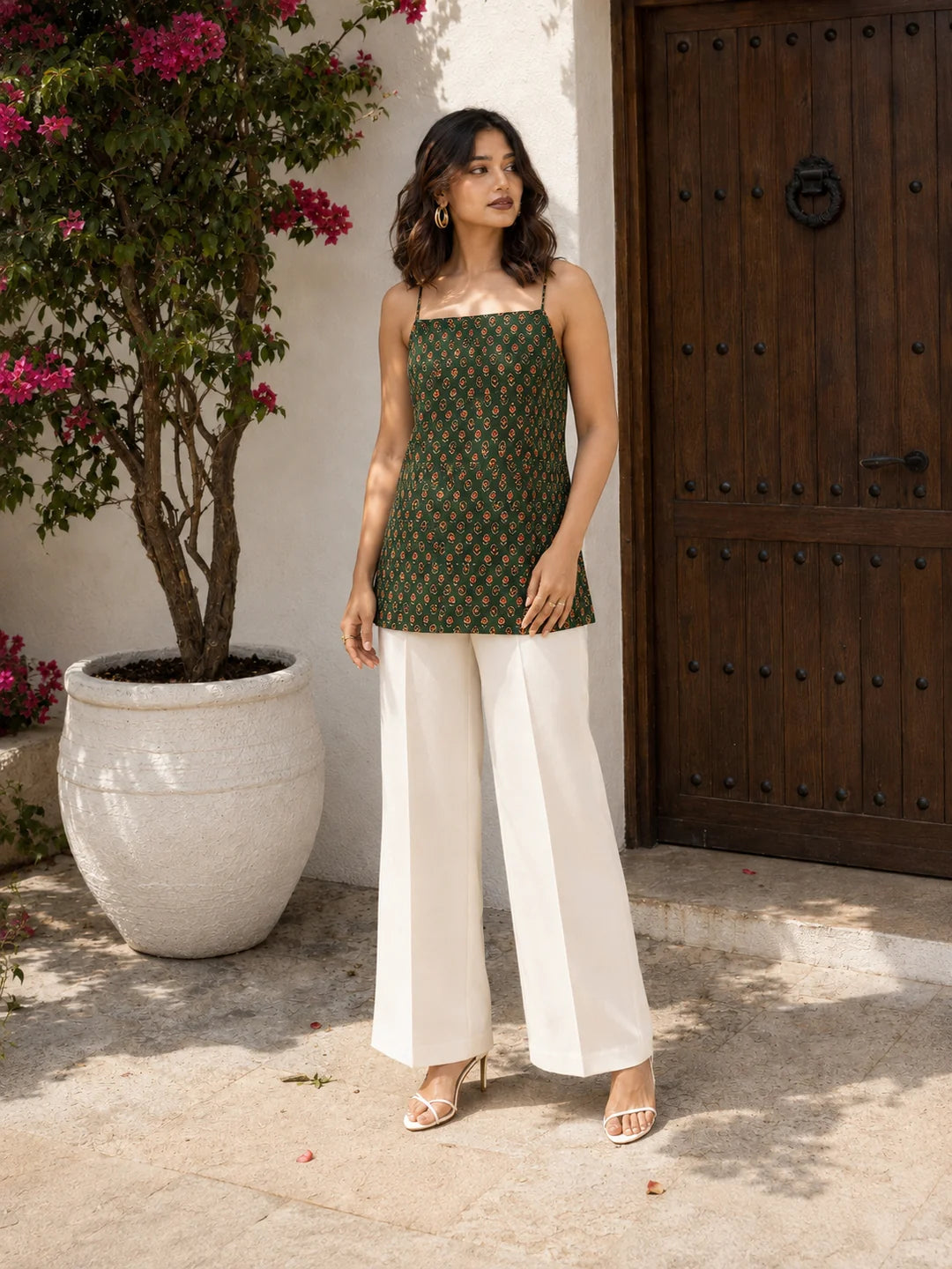 Dark Green Tie-Knot Shoulder Booti Print Cotton Short Kurti