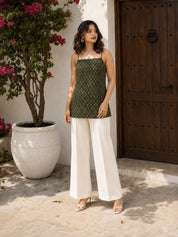 Dark Green Tie-Knot Shoulder Booti Print Cotton Short Kurti