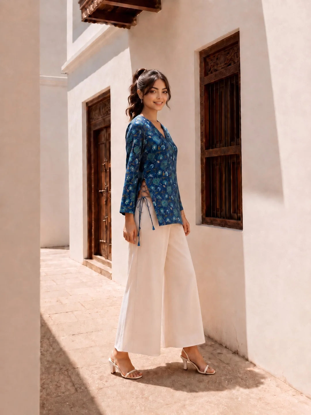 Blue Side Criss-Cross Tie Floral Jaal Short Kurti in Cotton