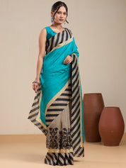 Vervee Couture Teal Beige Silk Blend Striped Saree | EKA