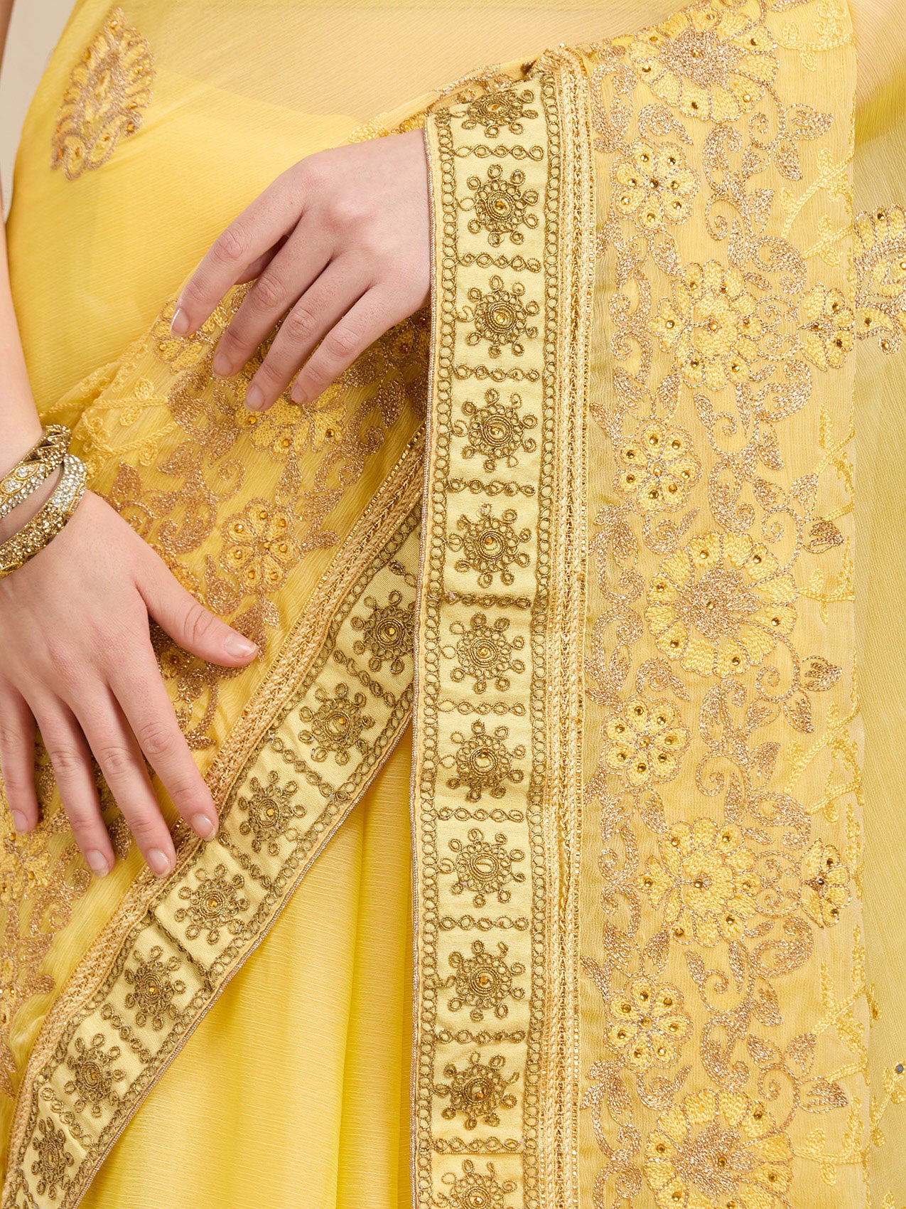 Vervee Couture Yellow Silk Blend Saree with Zari Embroidered Border | EKA