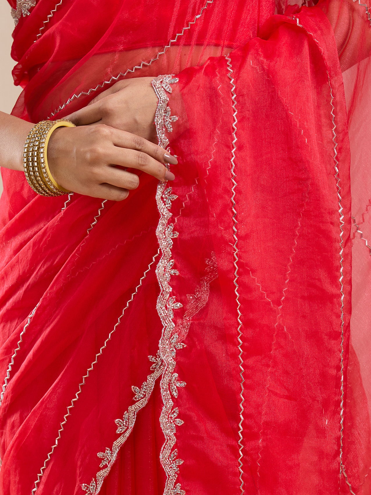 Vervee Couture Red Pure Net Saree with Semi Stitched Blouse | EKA