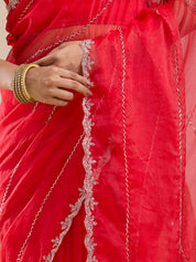 Vervee Couture Red Pure Net Saree with Semi Stitched Blouse | EKA