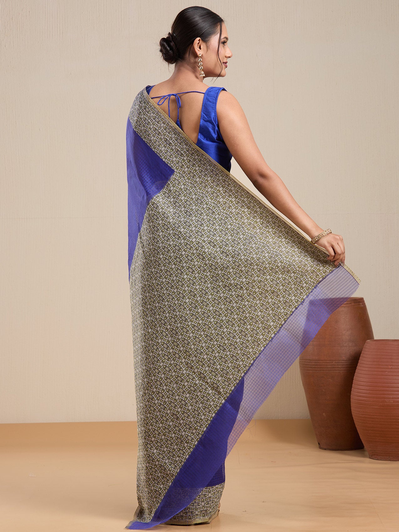 Vervee Couture Blue Woven Silk Blend Saree with Zari Border and Semi Stitched Blouse | EKA