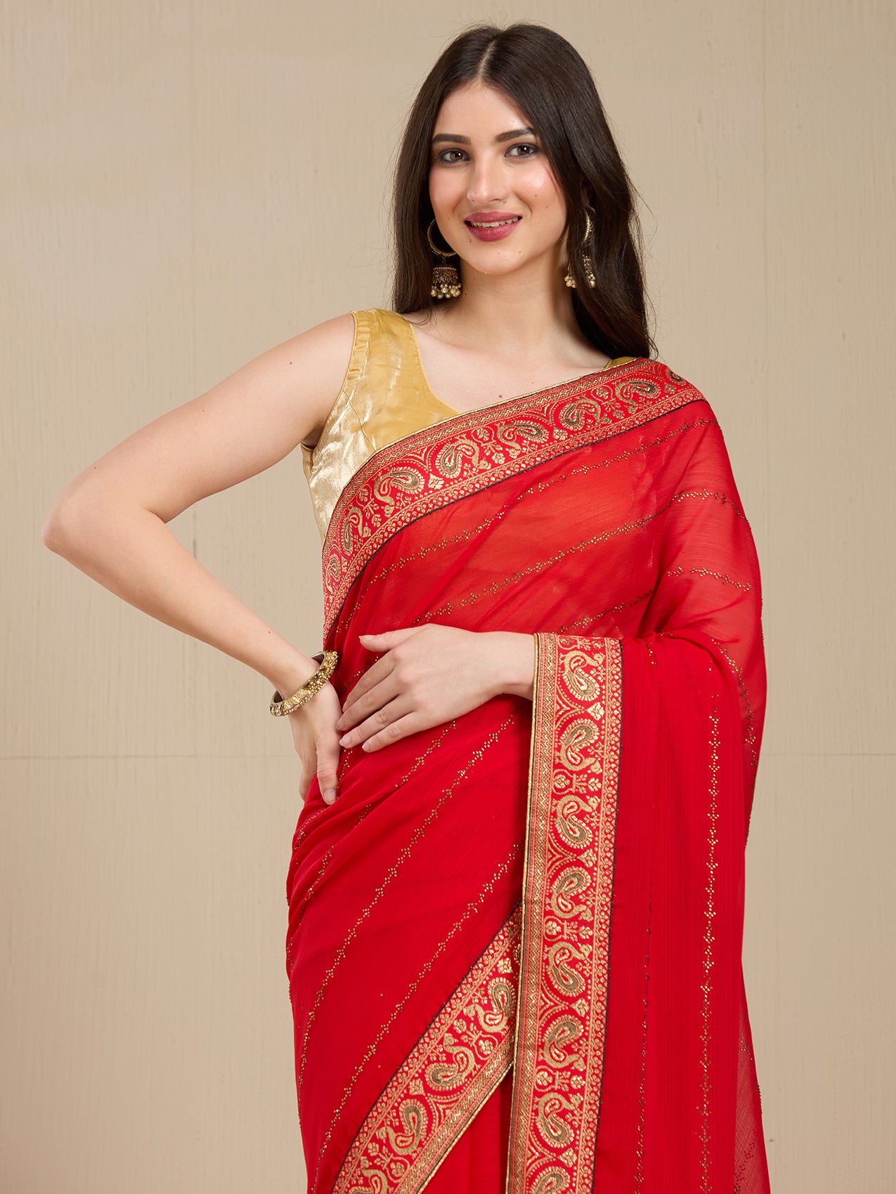 Vervee Couture Red Poly Georgette Saree with Zari Border | EKA