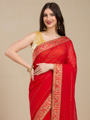 Vervee Couture Red Poly Georgette Saree with Zari Border | EKA