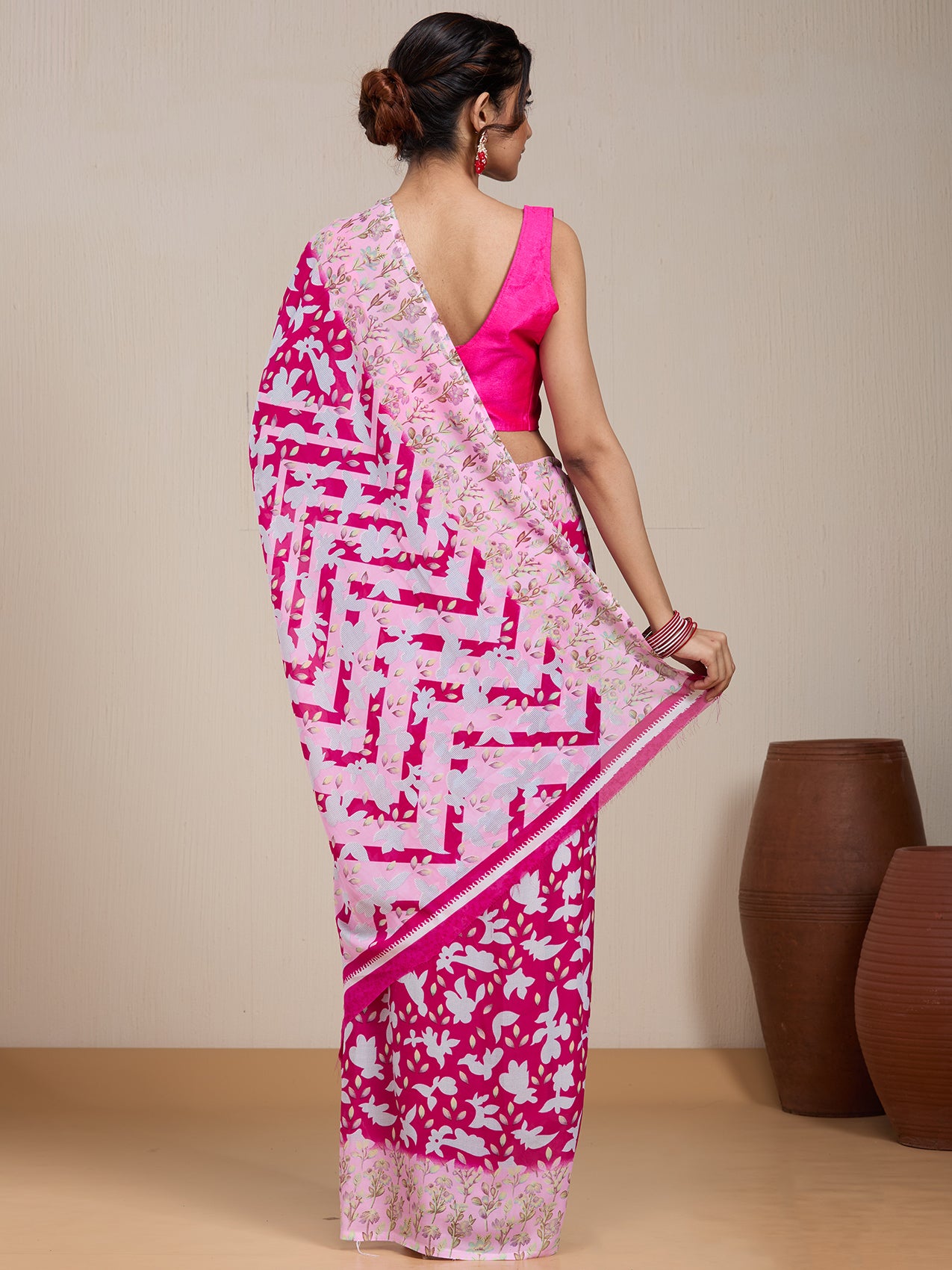 Vervee Couture Pink White Floral Printed Poly Georgette Saree | EKA