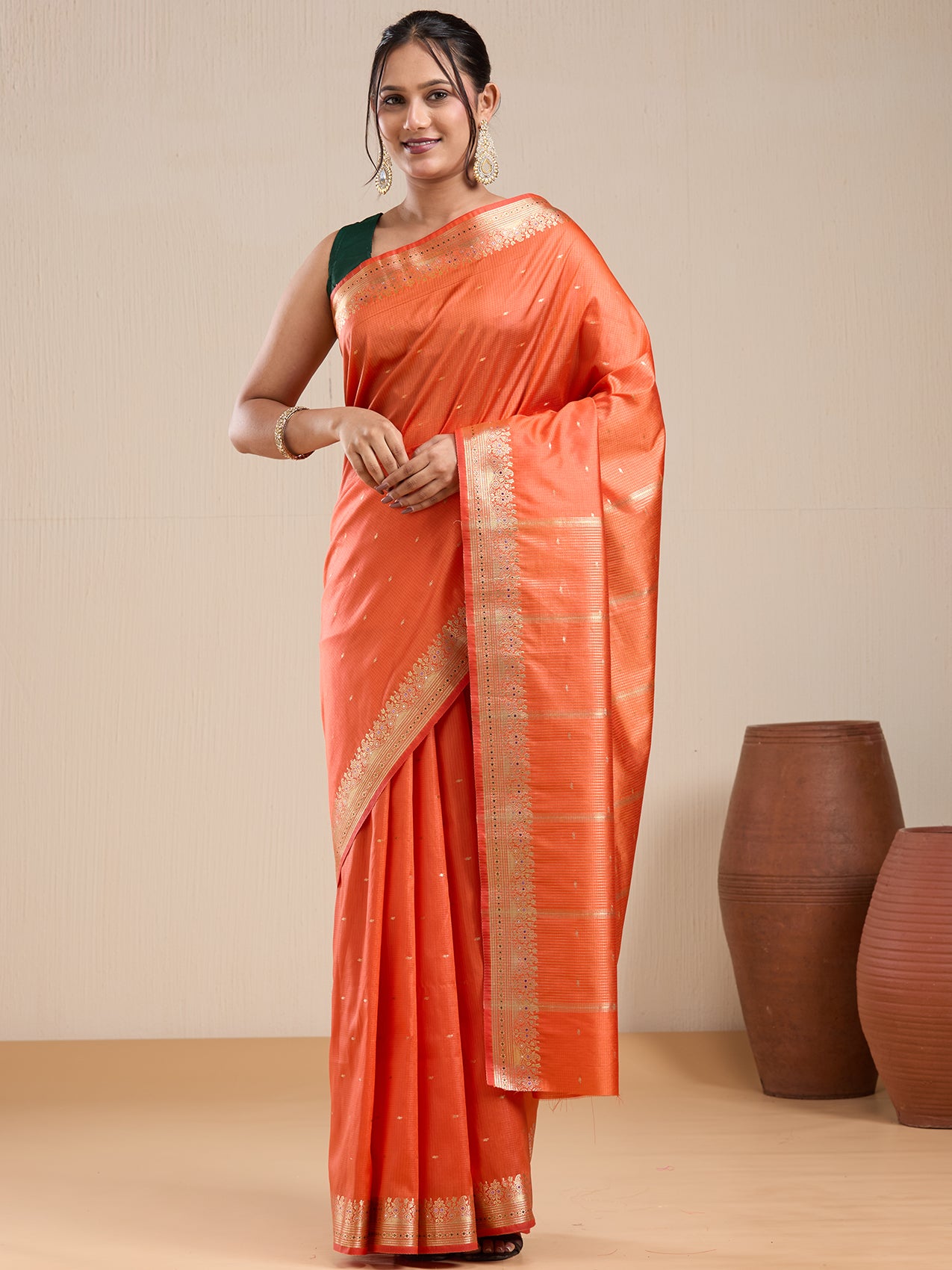 Vervee Couture Orange Silk Blend Saree with Woven Border | EKA