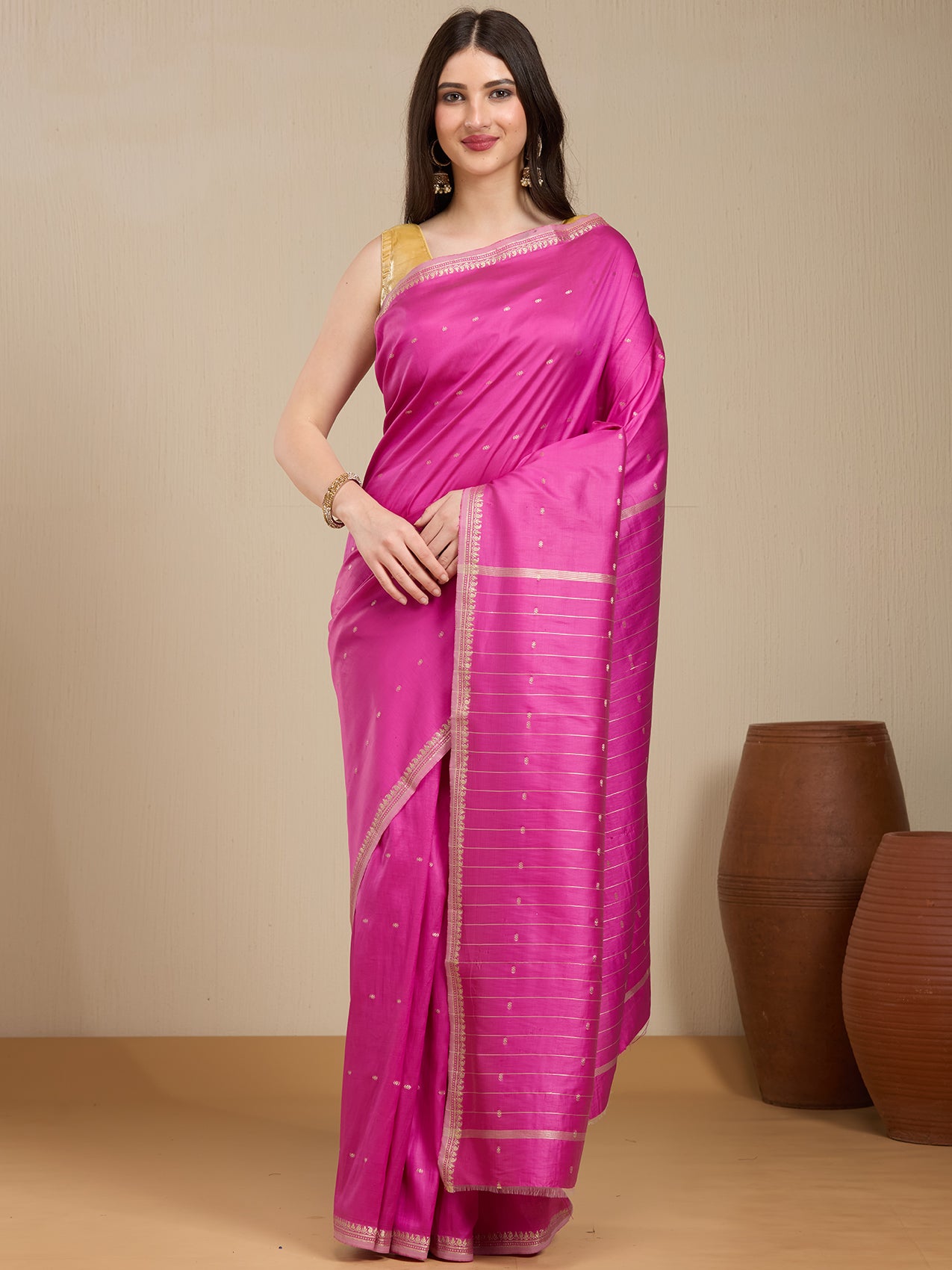 Vervee Couture Pink Silk Blend Saree with Zari Border | EKA