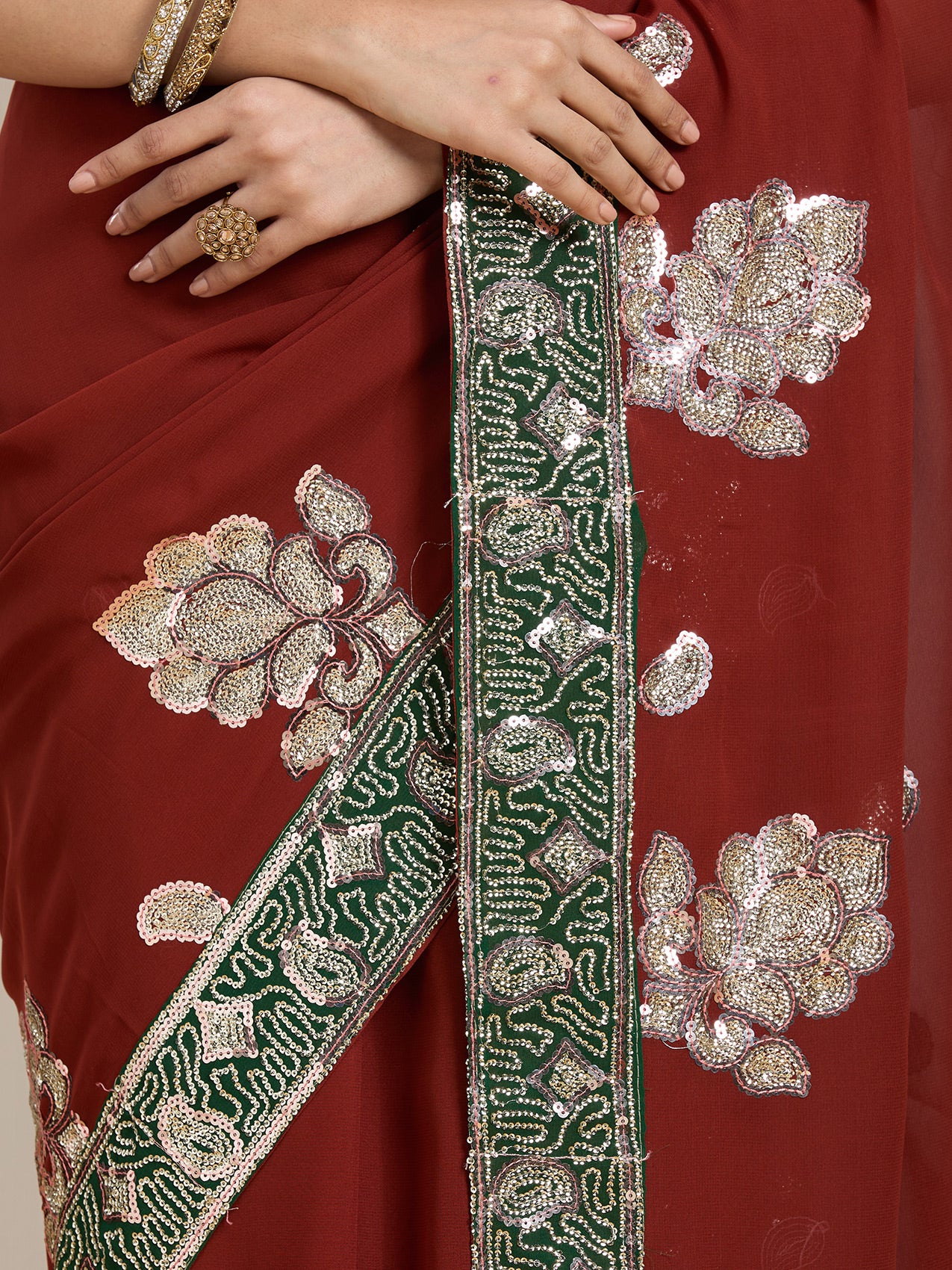 Vervee Couture Red Floral Embellished Poly Georgette Saree with Sequinned Border | EKA