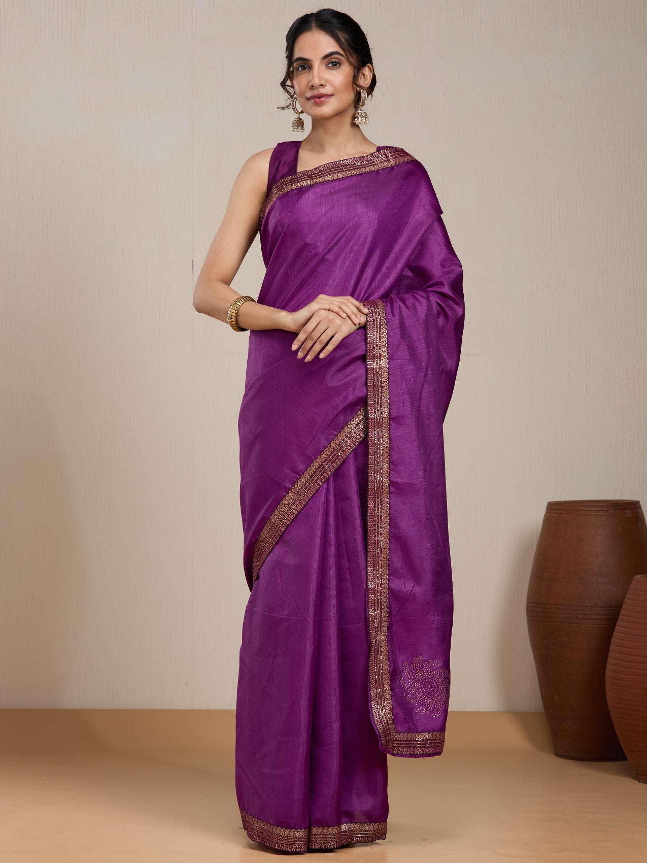Vervee Couture Purple Silk Blend Embellished Saree | EKA