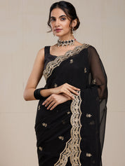Vervee Couture Black Embellished Poly Georgette Saree with Zari Border | EKA