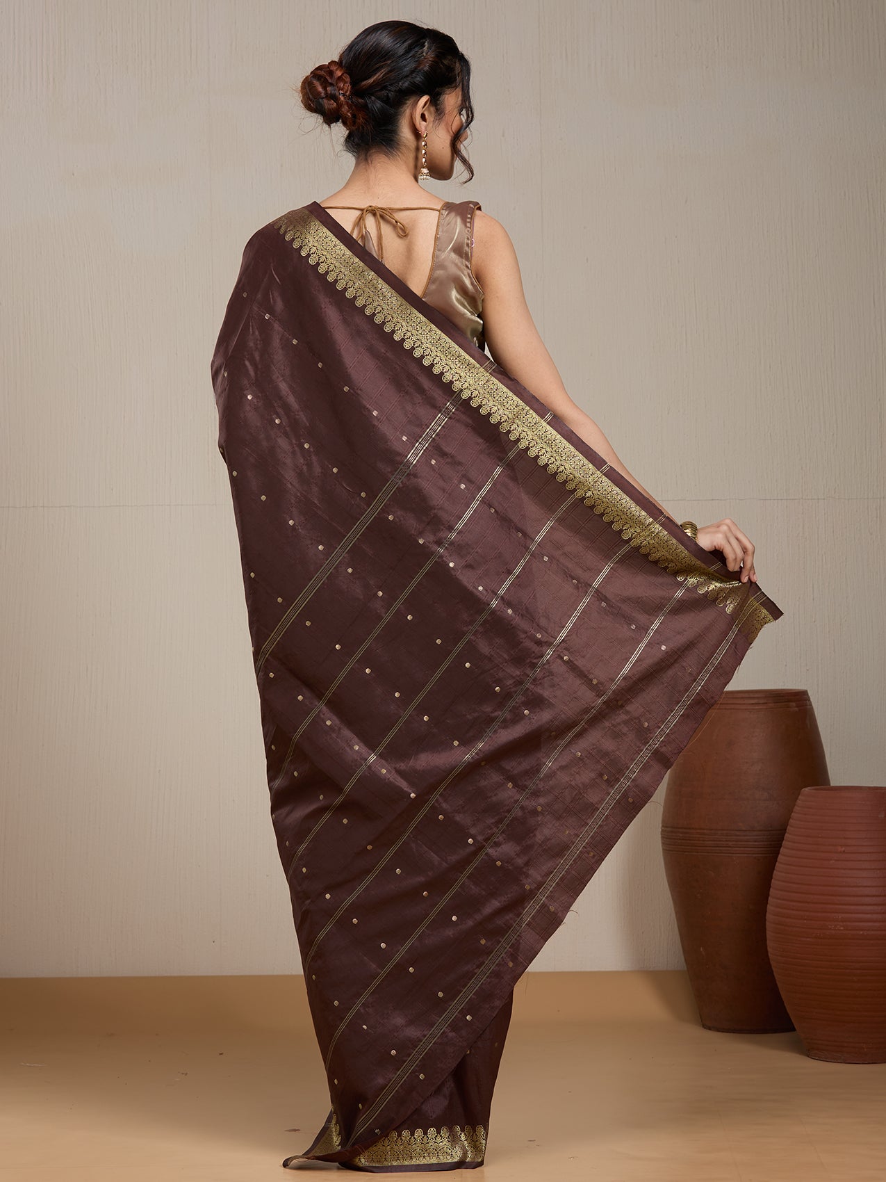 Vervee Couture Dark Maroon Gold Printed Silk Blend Saree with Semi Stitched Blouse | EKA
