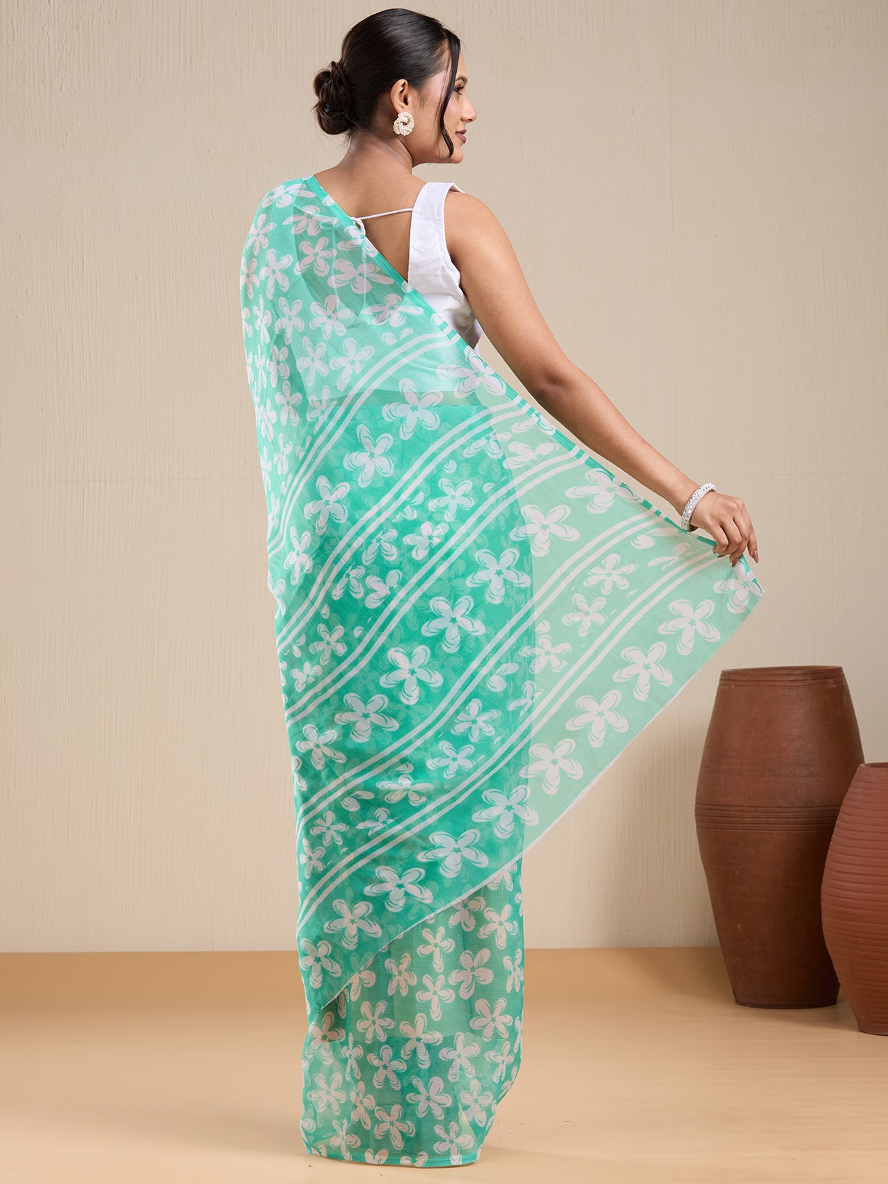 Vervee Couture Green Floral Poly Georgette Saree with Semi Stitched Blouse | EKA