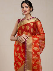 Vervee Couture Red Orange Woven Silk Blend Saree | EKA