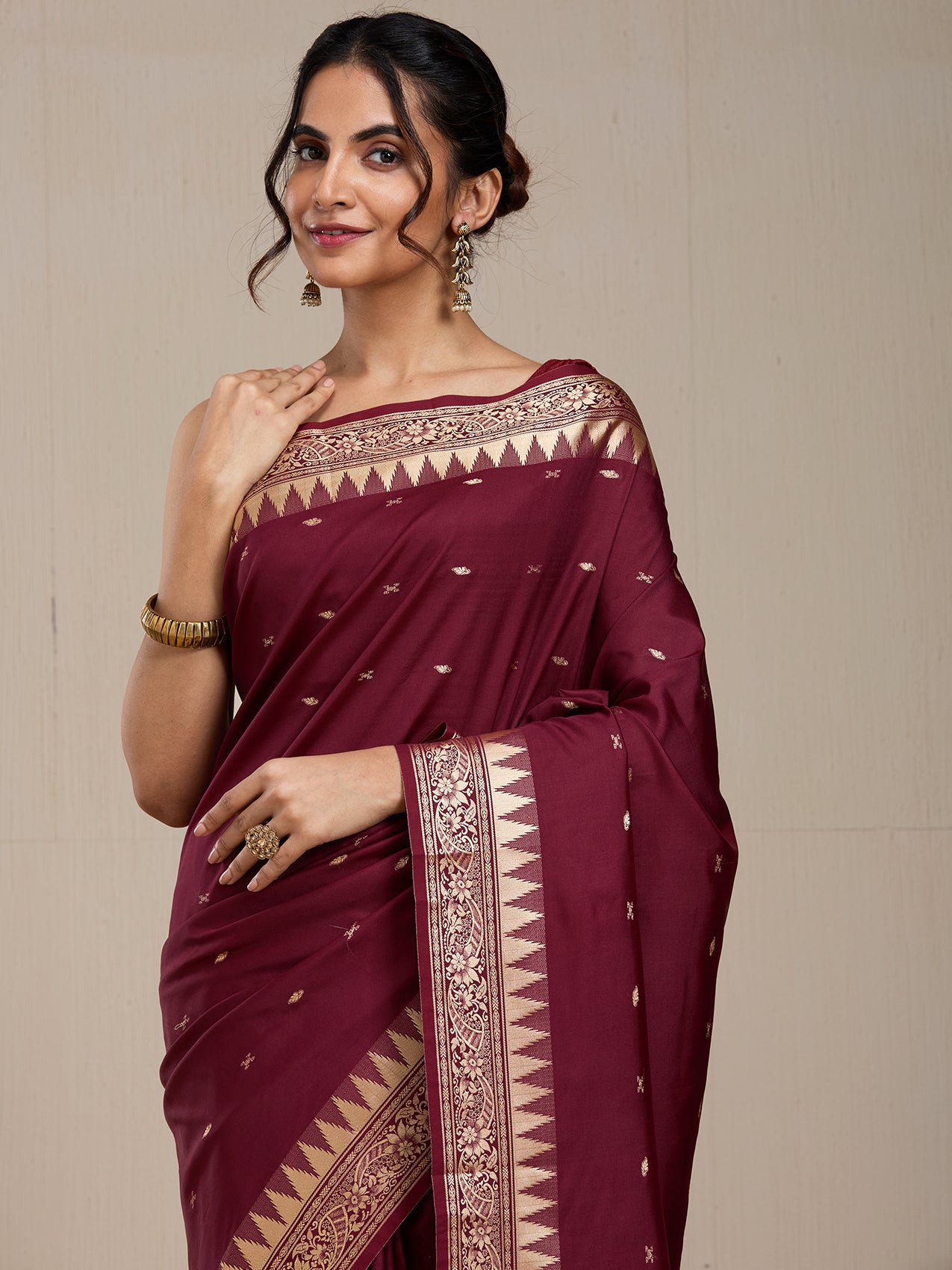 Vervee Couture Dark Maroon Gold Printed Silk Blend Saree | EKA