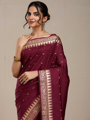 Vervee Couture Dark Maroon Gold Printed Silk Blend Saree | EKA