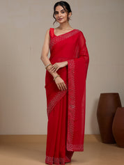Vervee Couture Red Poly Georgette Embellished Saree | EKA
