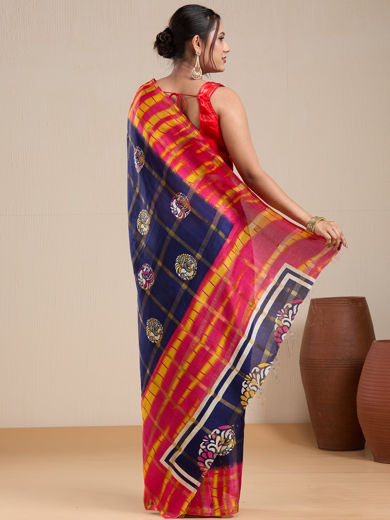 Vervee Couture Red Ikat Silk Blend Saree with Contrast Pallu and Semi Stitched Blouse | EKA