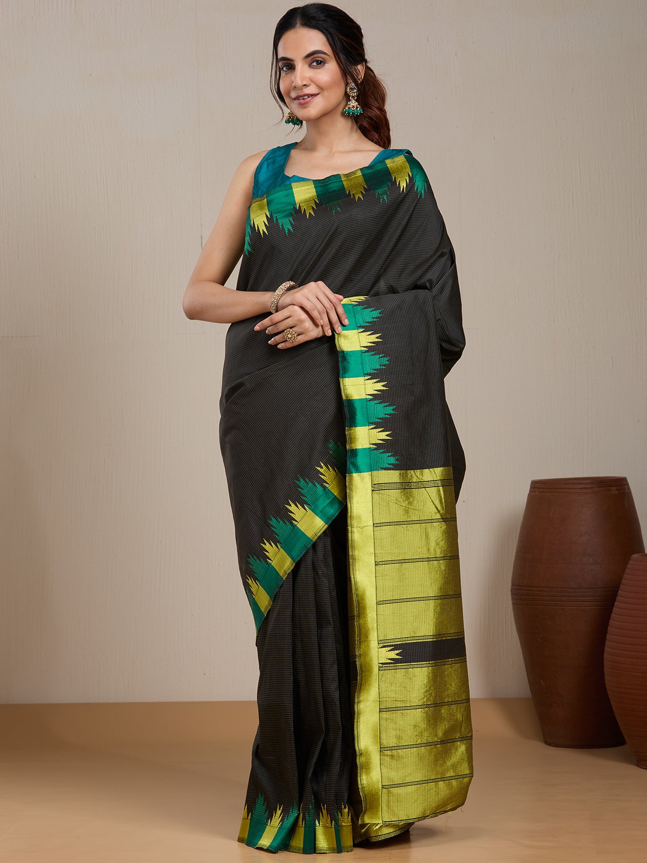 Vervee Couture Black Silk Blend Saree with Woven Border | EKA