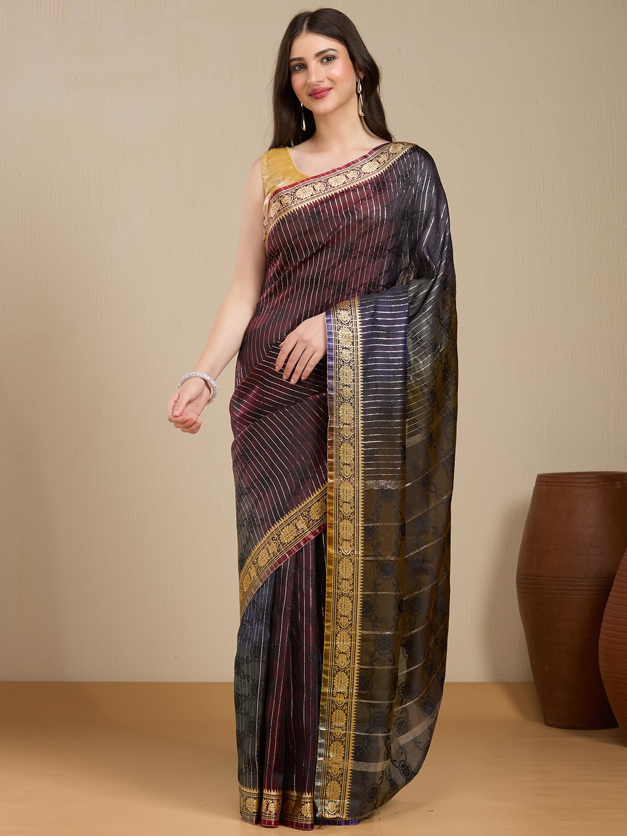 Vervee Couture Black Silk Blend Saree with Zari Border | EKA