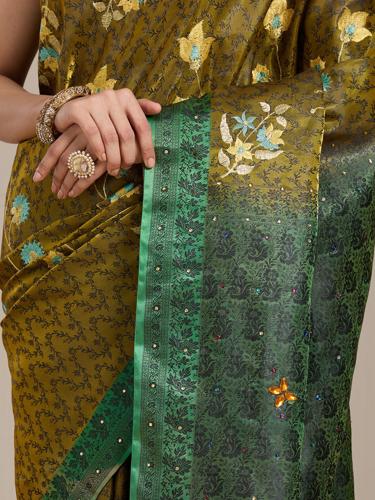 Vervee Couture Green Floral Printed Silk Blend Saree with Zari Border | EKA