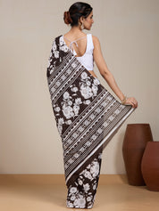 Vervee Couture Dark Brown White Floral Poly Georgette Saree | EKA