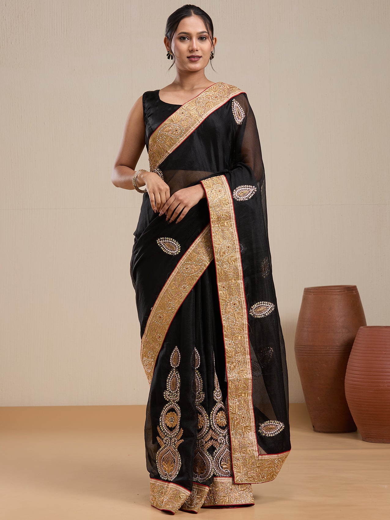 Vervee Couture Black Poly Georgette Saree with Zari Border and Semi Stitched Blouse | EKA
