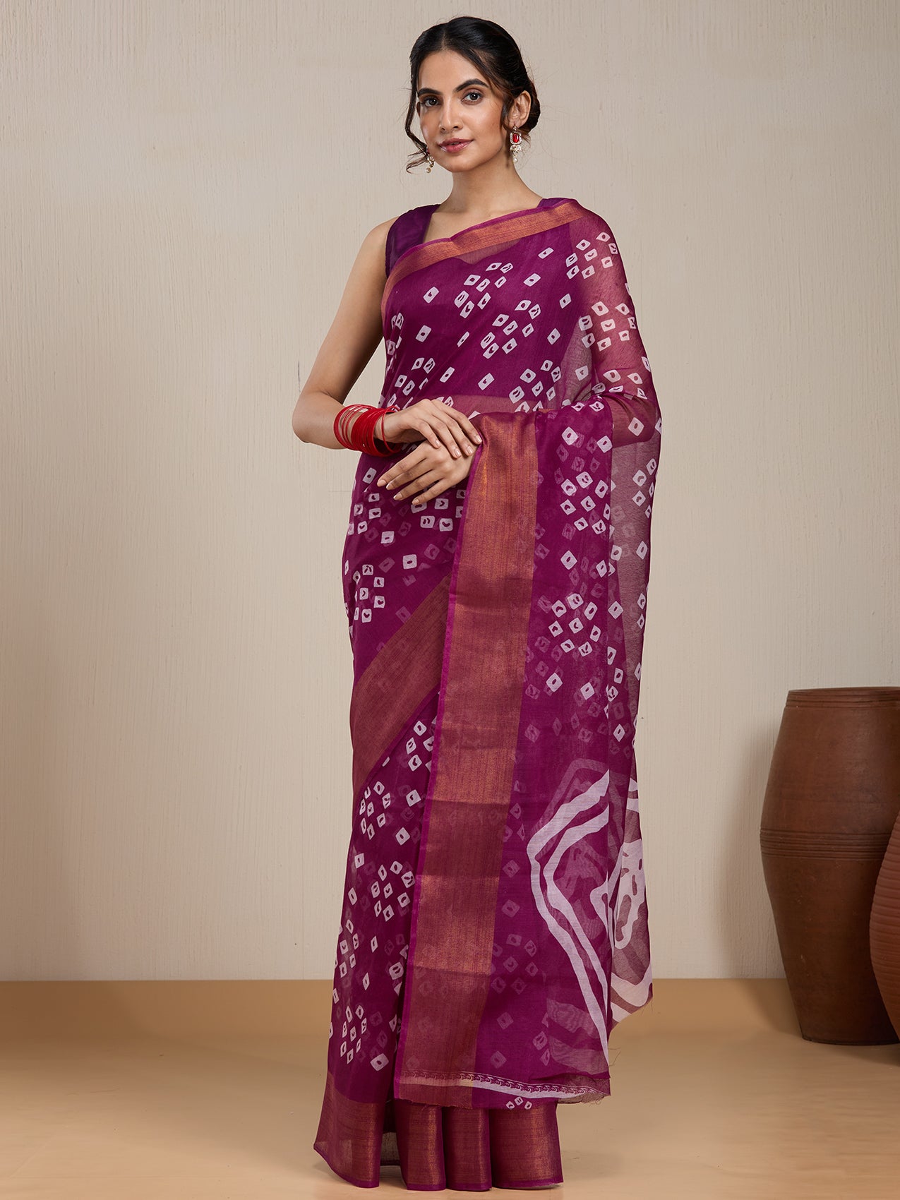 Vervee Couture Magenta White Bandhani Silk Blend Saree | EKA