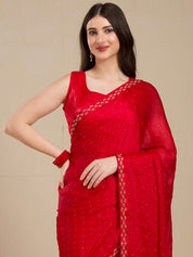 Vervee Couture Red Poly Georgette Saree with Subtle Embellished Border | EKA
