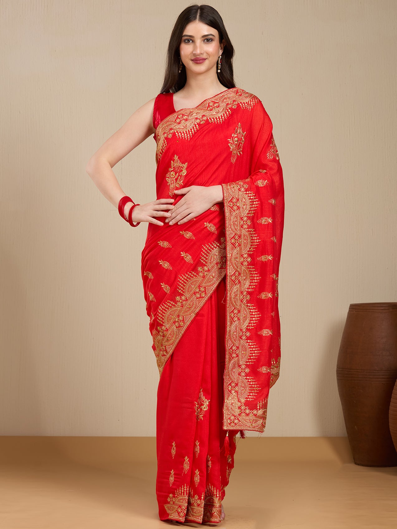 Vervee Couture Red Poly Georgette Saree with Traditional Zari Design | EKA