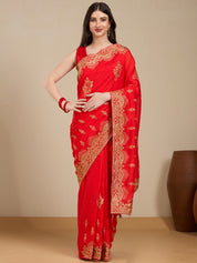 Vervee Couture Red Poly Georgette Saree with Traditional Zari Design | EKA