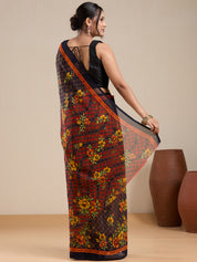 Vervee Couture Black Floral Poly Georgette Saree with Contrast Border and Semi Stitched Blouse | EKA