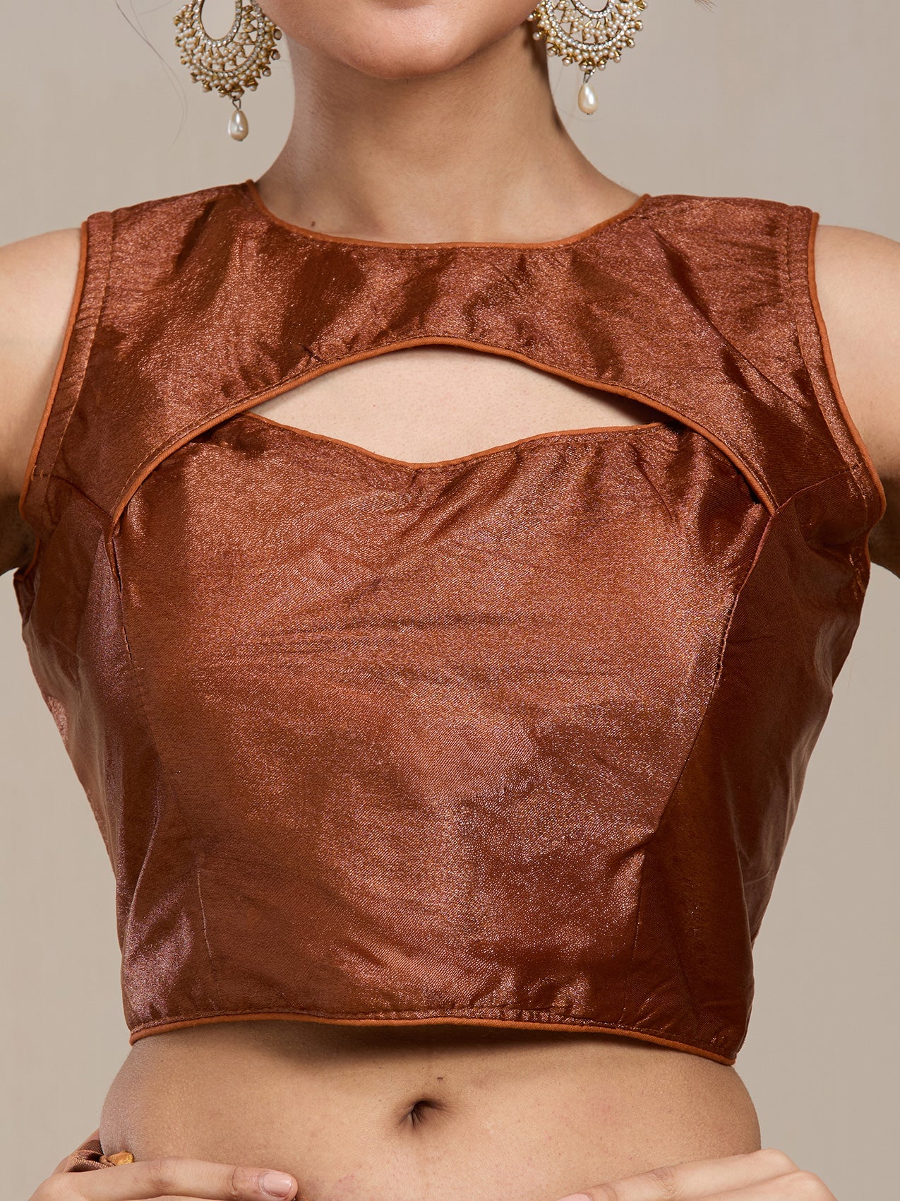 Vervee Couture Copper Gold Printed Silk Blend Saree with Semi Stitched Blouse | EKA
