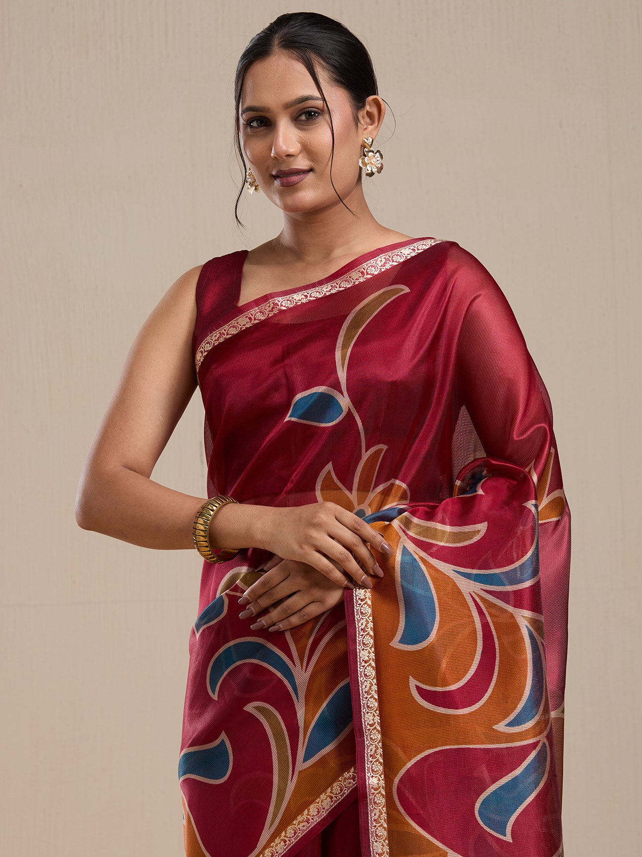 Vervee Couture Maroon Printed Silk Blend Saree with Semi Stitched Blouse | EKA