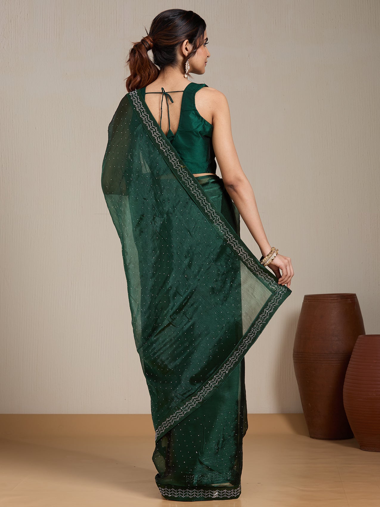 Vervee Couture Green Embellished Poly Georgette Saree with Sequinned Border | EKA
