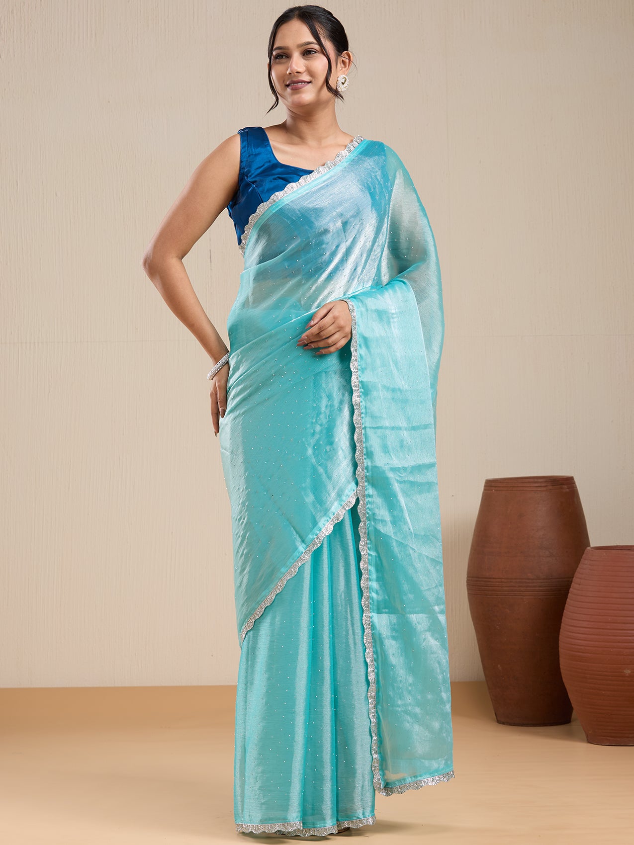 Vervee Couture Blue Silk Blend Saree with Lace Border and Semi Stitched Blouse | EKA