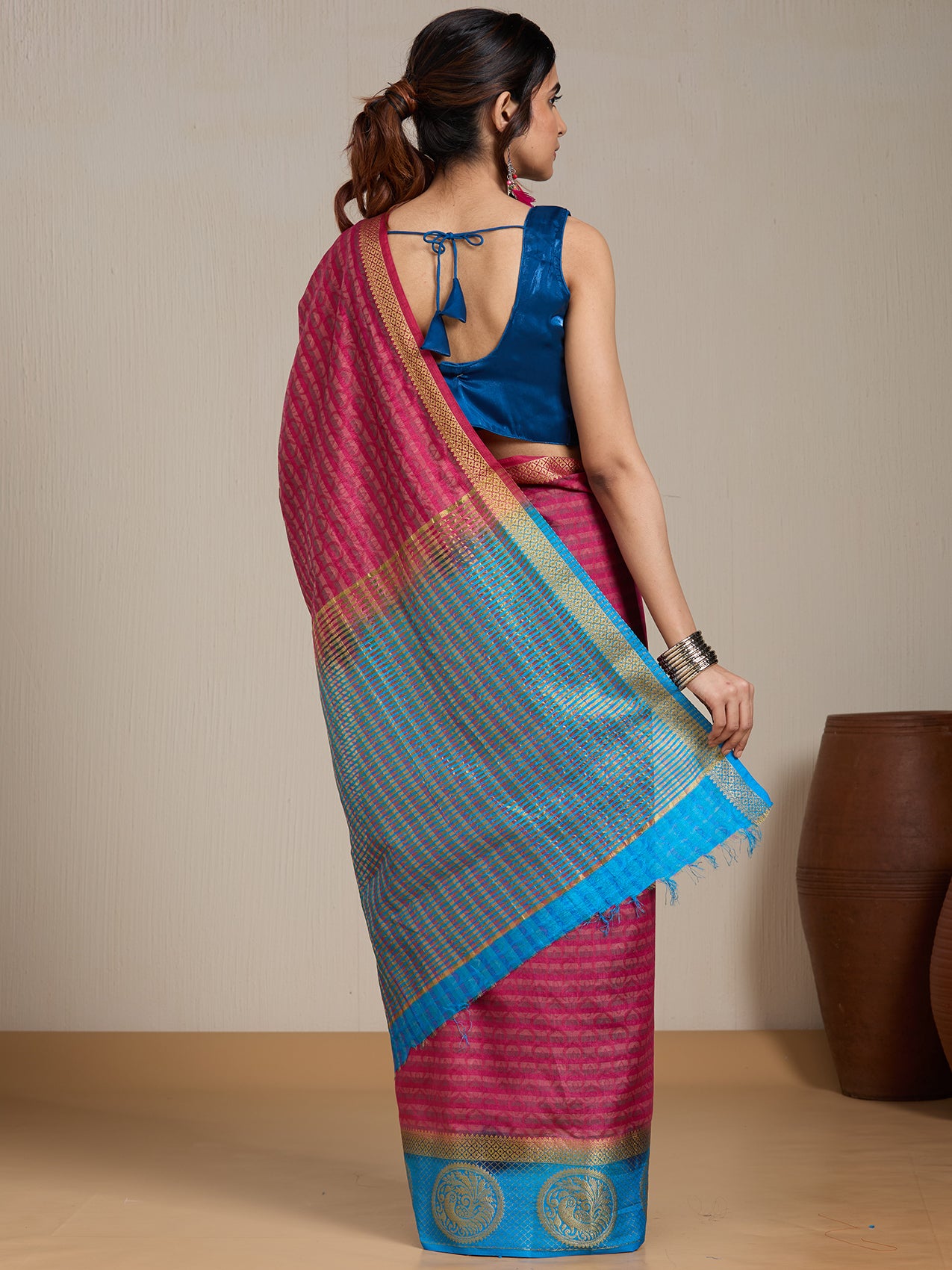 Vervee Couture Pink Turquoise Blue Woven Silk Blend Saree | EKA