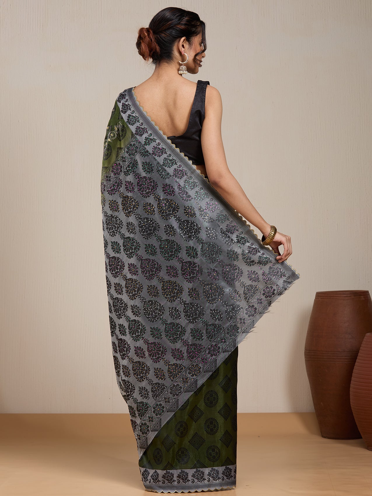 Vervee Couture Olive Green Grey Woven Silk Blend Saree | EKA