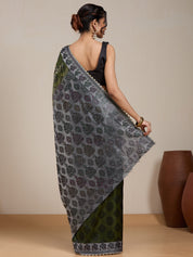 Vervee Couture Olive Green Grey Woven Silk Blend Saree | EKA