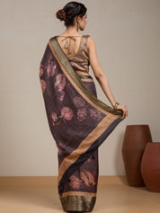 Vervee Couture Coffee Brown Gold Printed Silk Blend Saree with Semi Stitched Blouse | EKA