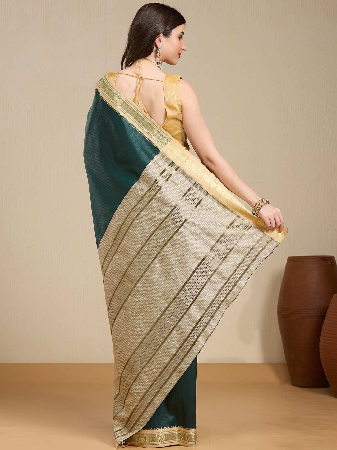 Vervee Couture Green Silk Blend Saree with Zari Border | EKA