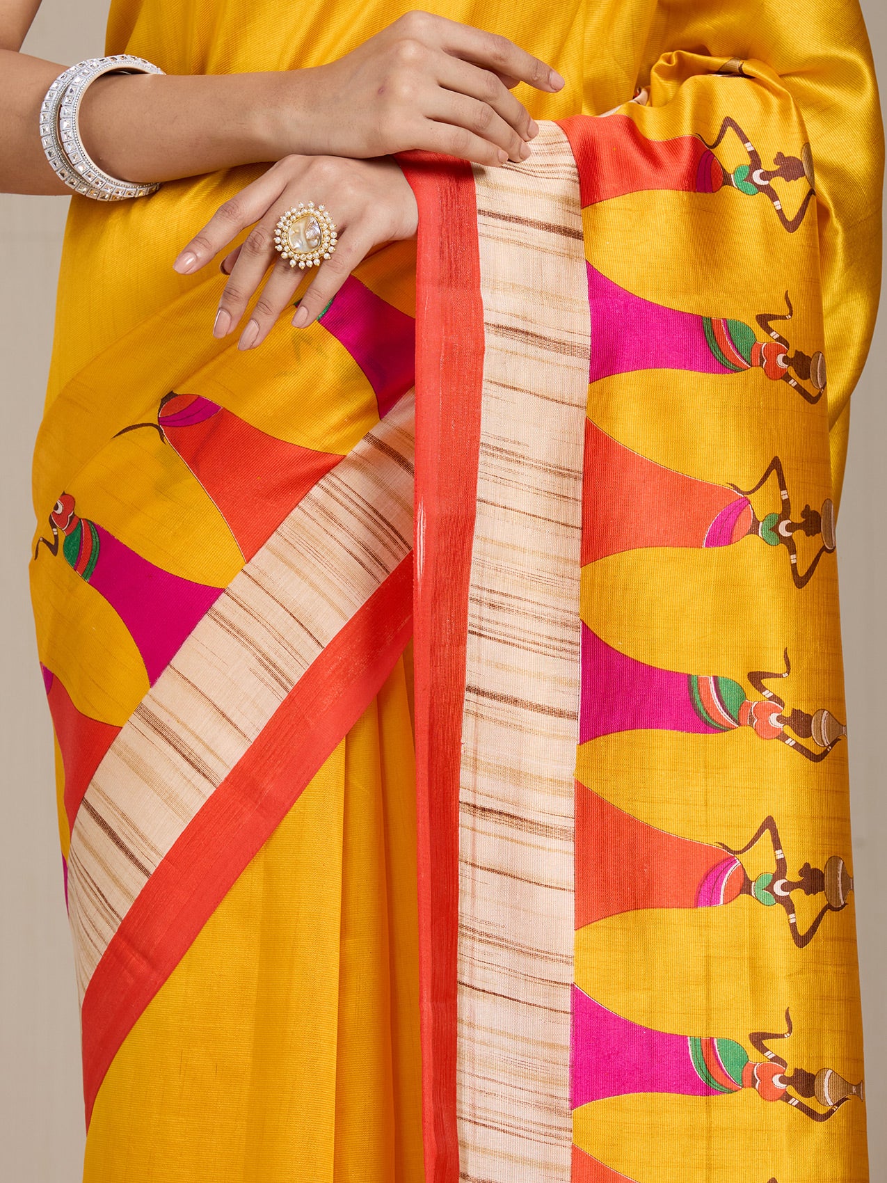 Vervee Couture Yellow Pink Printed Silk Blend Saree with Ethnic Motifs | EKA