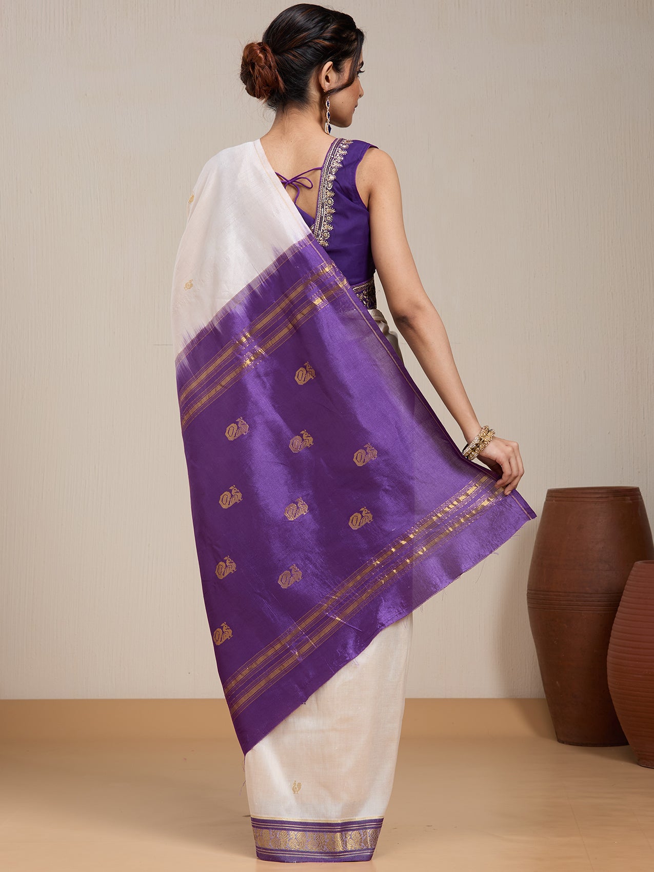 Vervee Couture Off White Purple Woven Silk Blend Saree with Semi Stitched Blouse | EKA