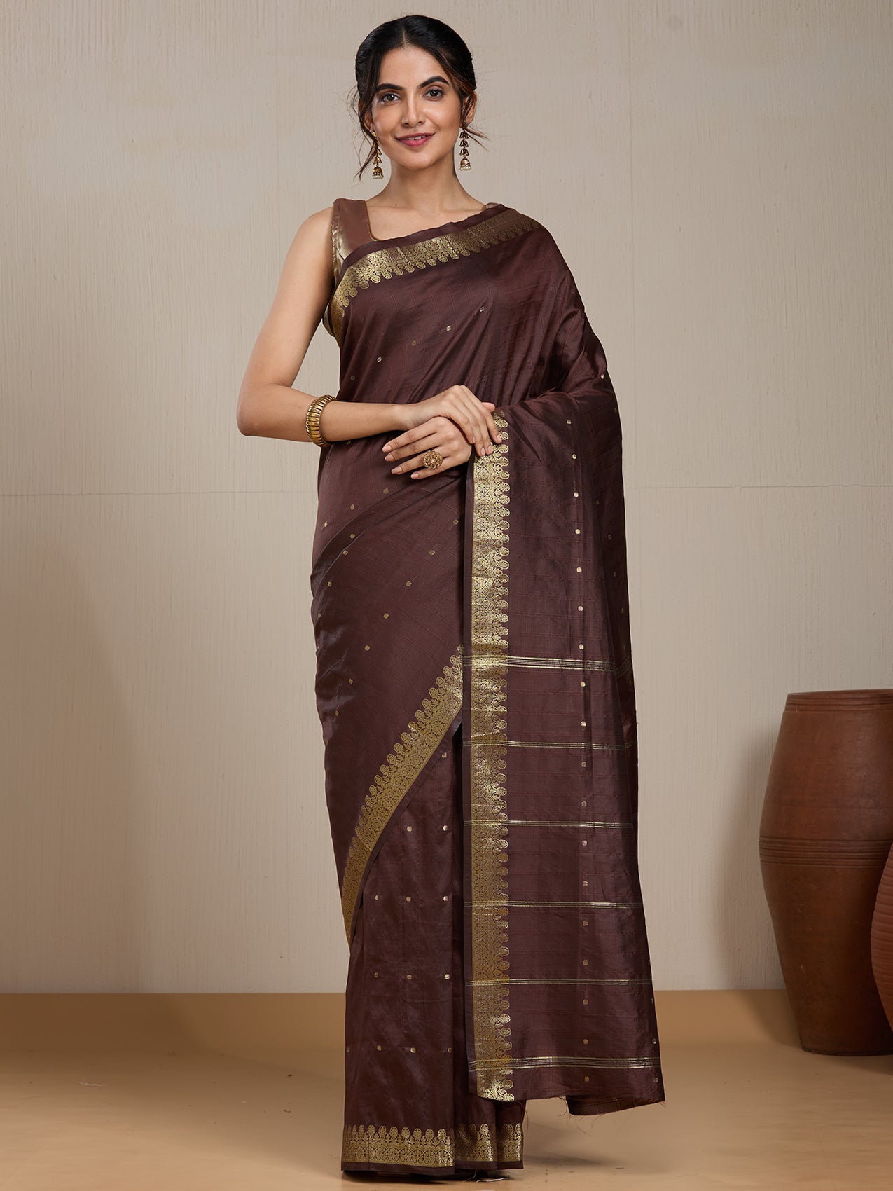 Vervee Couture Dark Maroon Gold Printed Silk Blend Saree with Semi Stitched Blouse | EKA