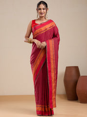 Vervee Couture Red Striped Silk Blend Saree with Contrast Border and Semi Stitched Blouse | EKA