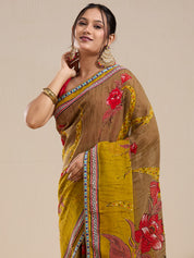 Vervee Couture Mustard Brown Floral Poly Georgette Saree | EKA
