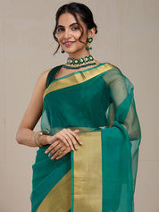Vervee Couture Teal Blue Gold Silk Blend Saree | EKA