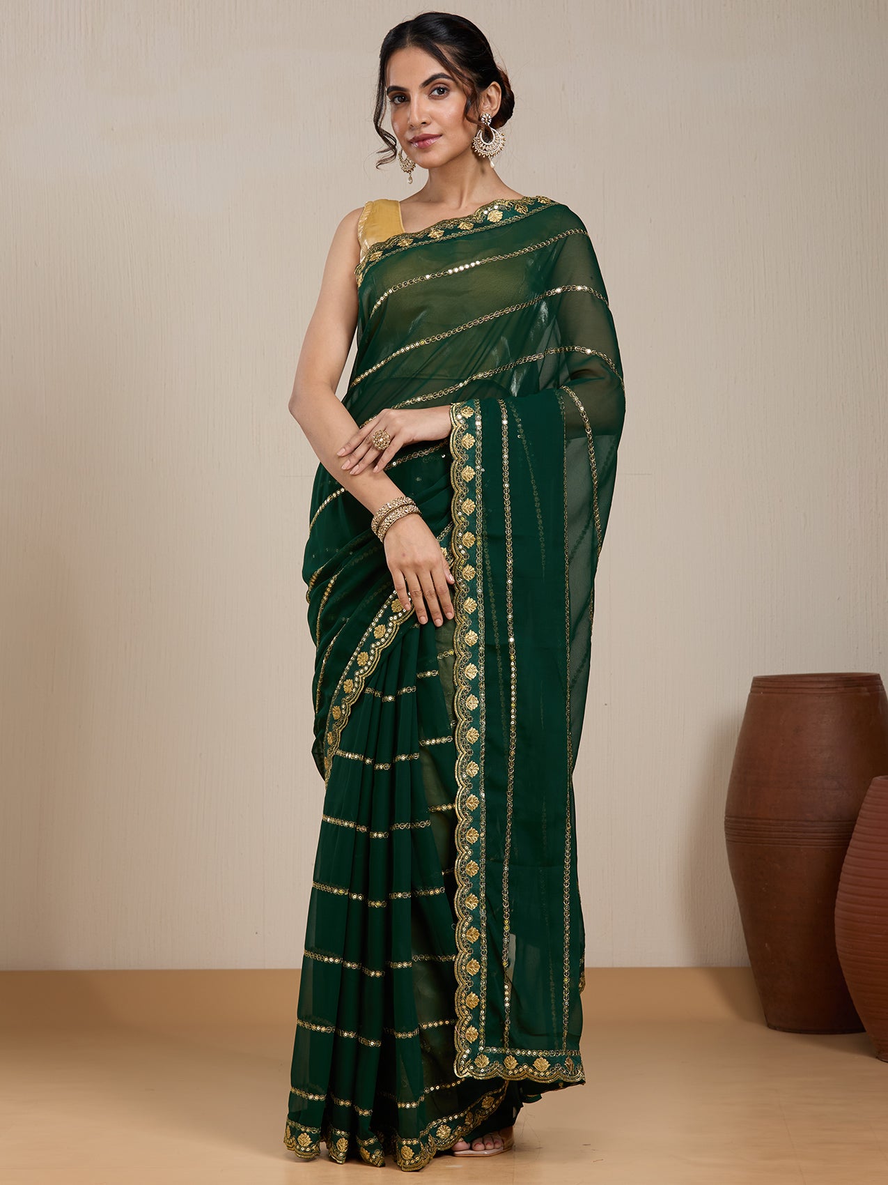 Vervee Couture Lime Green White Floral Poly Georgette Saree | EKA